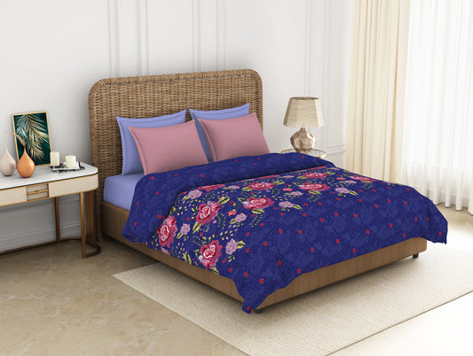 Floral Bluing - Dark Blue 100% Cotton Shell Double Quilt / AC Comforter - Adonia By Spaces