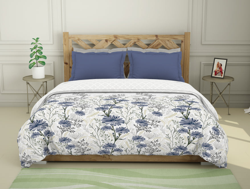 Floral Navy Peony - Dark Blue 100% Cotton Shell Double Quilt / AC Comforter - Blockbuster Plus By Spaces