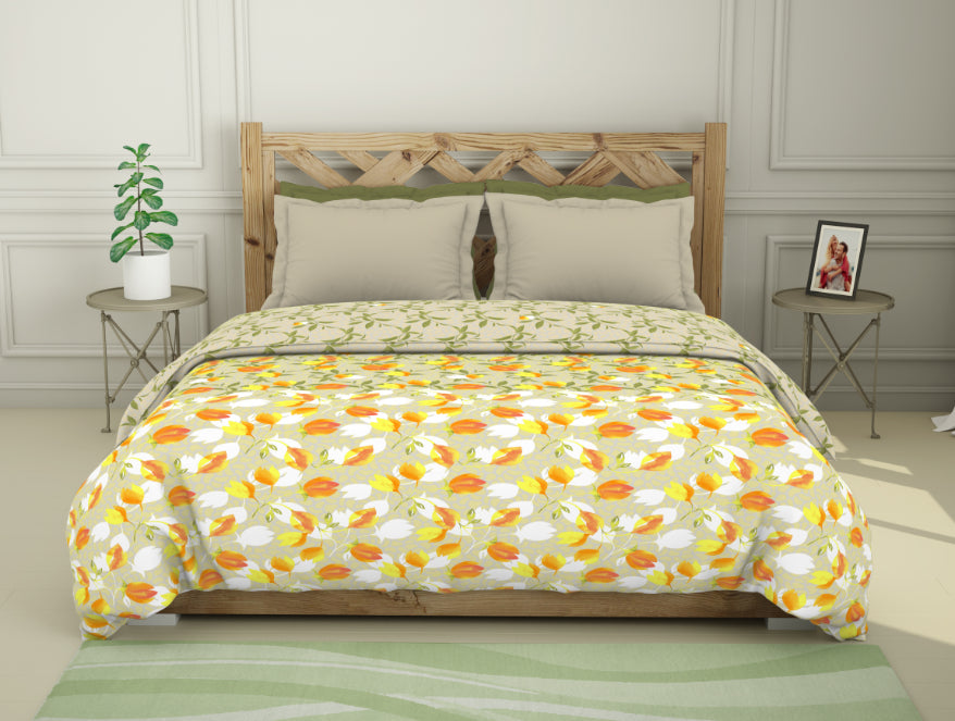 Floral Dark Citron - Green 100% Cotton Shell Double Quilt - Blockbuster Plus By Spaces