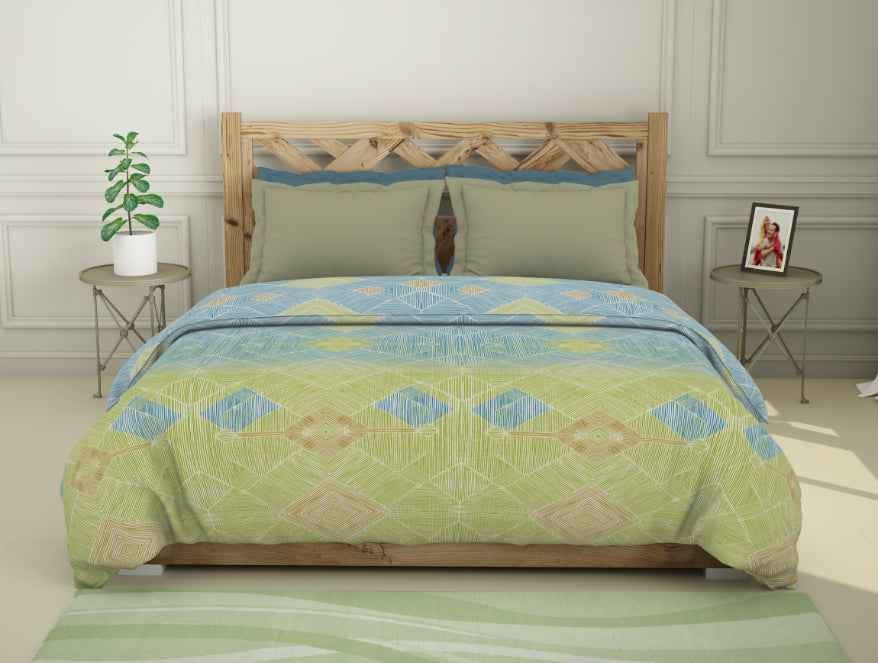 Geometric Celery Green - Light Green 100% Cotton Shell Double Quilt - Blockbuster Plus By Spaces