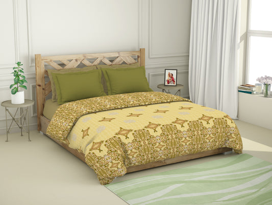 Ornate Misted Yellow - Light Yellow 100% Cotton Shell Double Quilt - Blockbuster Plus By Spaces