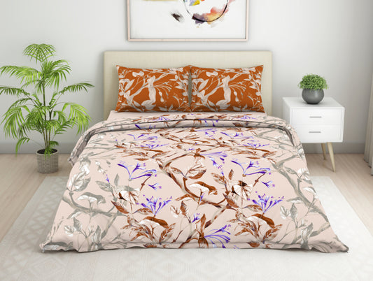 Floral Autumnal - Dark Brown 100% Cotton Double Bedsheet - Seasons Best Premium By Welspun