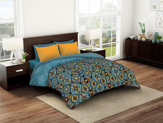 Geometric Cameo Blue - Teal 100% Cotton Shell Double Quilt - Geostance By Spaces