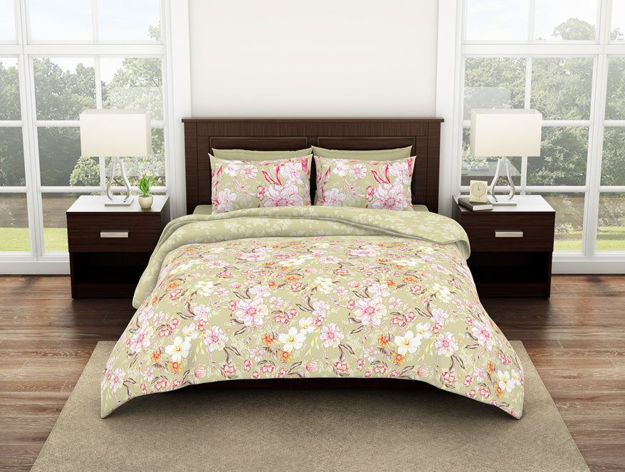 Floral Dusty Yellow - Light Yellow 100% Cotton Large Bedsheet - Bonica By Spaces