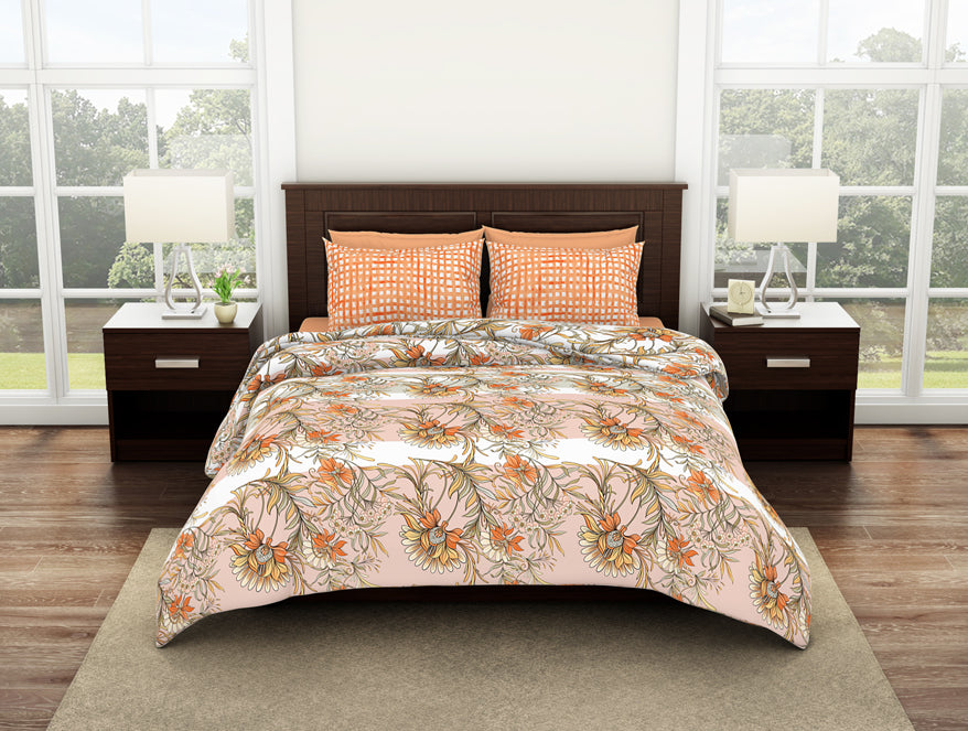 Floral Copper Tan - Dark Orange 100% Cotton Double Bedsheet - Bonica By Spaces