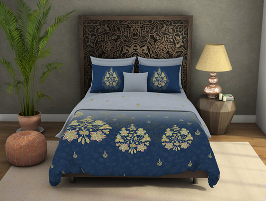 Ornate Blue Print 100% Cotton Large Bedsheet - Kamdouzi By Spaces