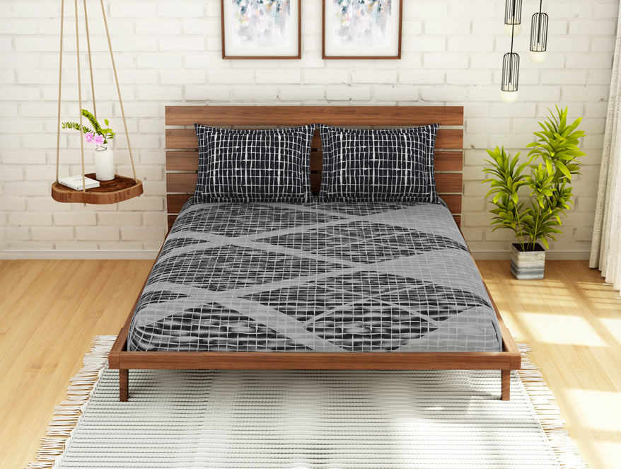 Geometric Grey 100% Cotton Double Bedsheet - Atrium Plus Kitting By Spaces