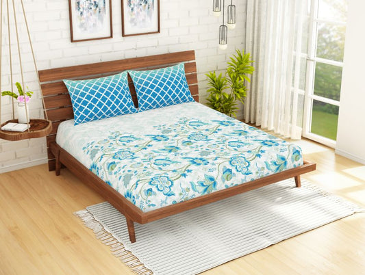 Floral Blue 100% Cotton Queen Fitted Sheet - Atrium Ecom By Spaces