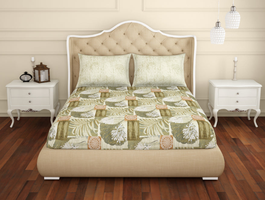 Floral Beige 100% Cotton Double Bedsheet - Atrium Ecom By Spaces