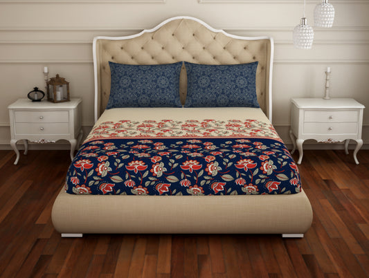 Floral Blue 100% Cotton King Fitted Sheet - Atrium Plus Ecom By Spaces