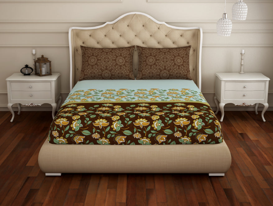 Floral Sea Green - Green 100% Cotton King Fitted Sheet - Atrium Plus Ecom By Spaces