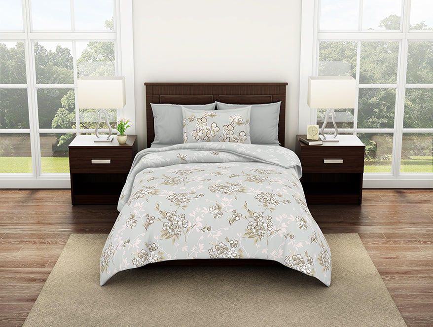 Floral Vaporous Grey - Light Grey 100% Cotton Single Bedsheet - Bonica By Spaces